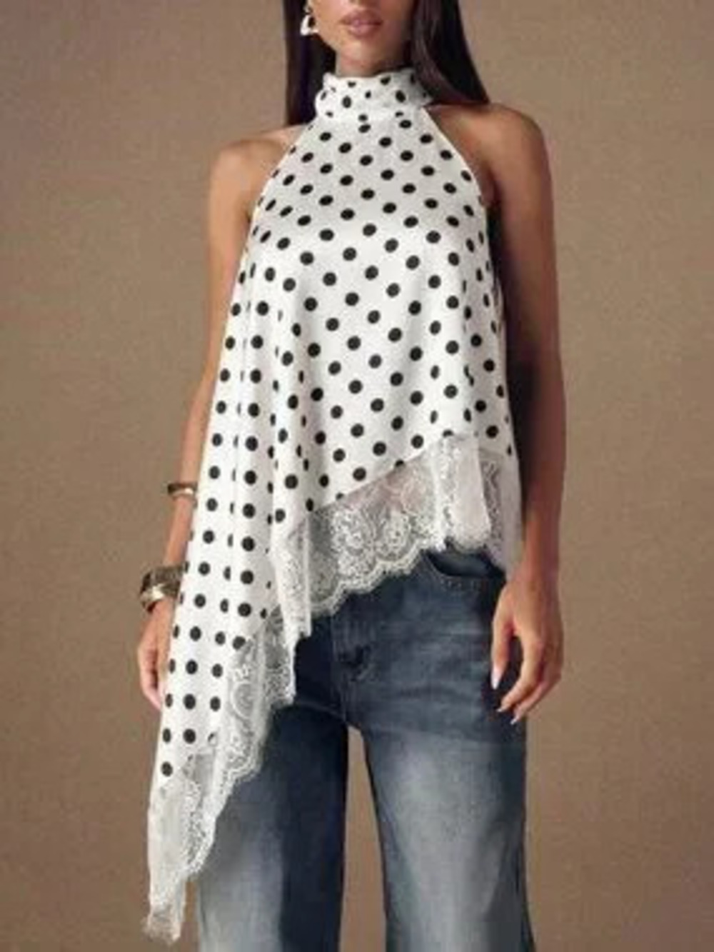 White Casual Women's Polka Dot Lace Asymmetric Halter Backless Sleeveless Top